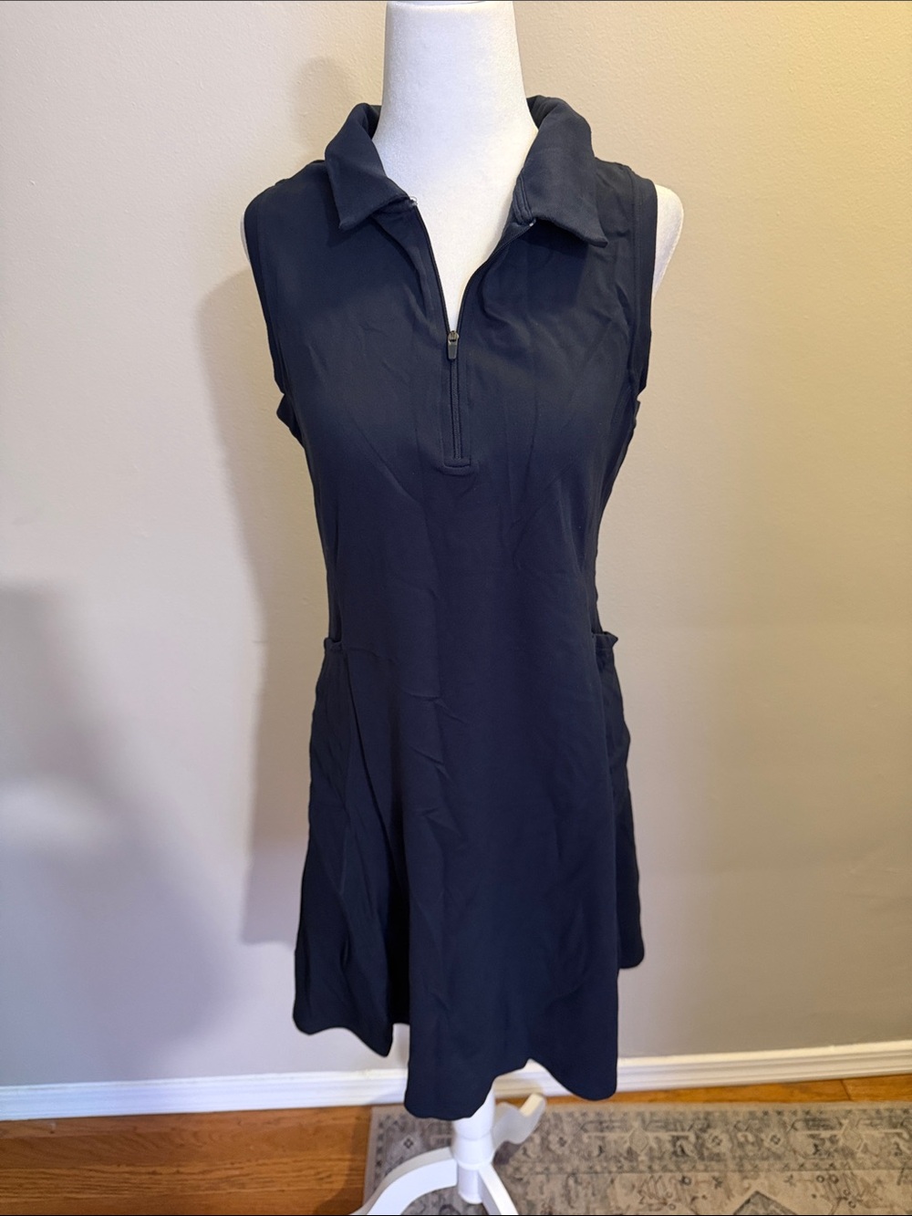 Zella Sleeveless Collared Navy Dress with Zip Front and Pockets